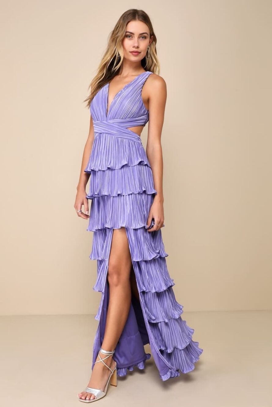 Lulus Beauty Icon Lavender Satin Pleated Tiered Lace-Up Maxi Dress Size M